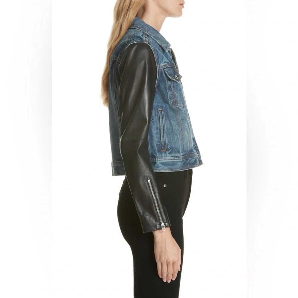 NWT $595 Rag Bone Nico Zip-front Denim Jacket With Leather Sleeves In Indigo